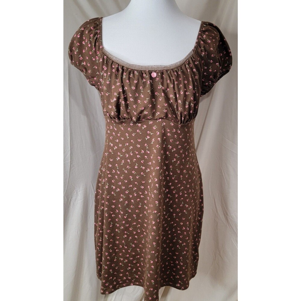 No Boundaries Womens Med Brown Floral Babydoll Dress Puff Sleeve Cottagecore